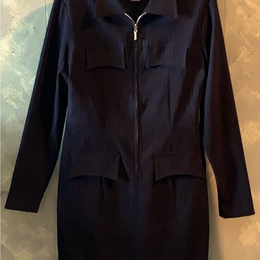 Charcoal and grey pinstripe dress with zip front. Fabric is stretchy and velvety